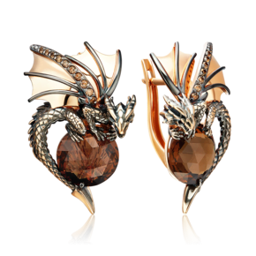 Серьги «Драконы» с английским замком из красного золота с цитрином и кварцем дымчатым 02-5284-00-226-1110