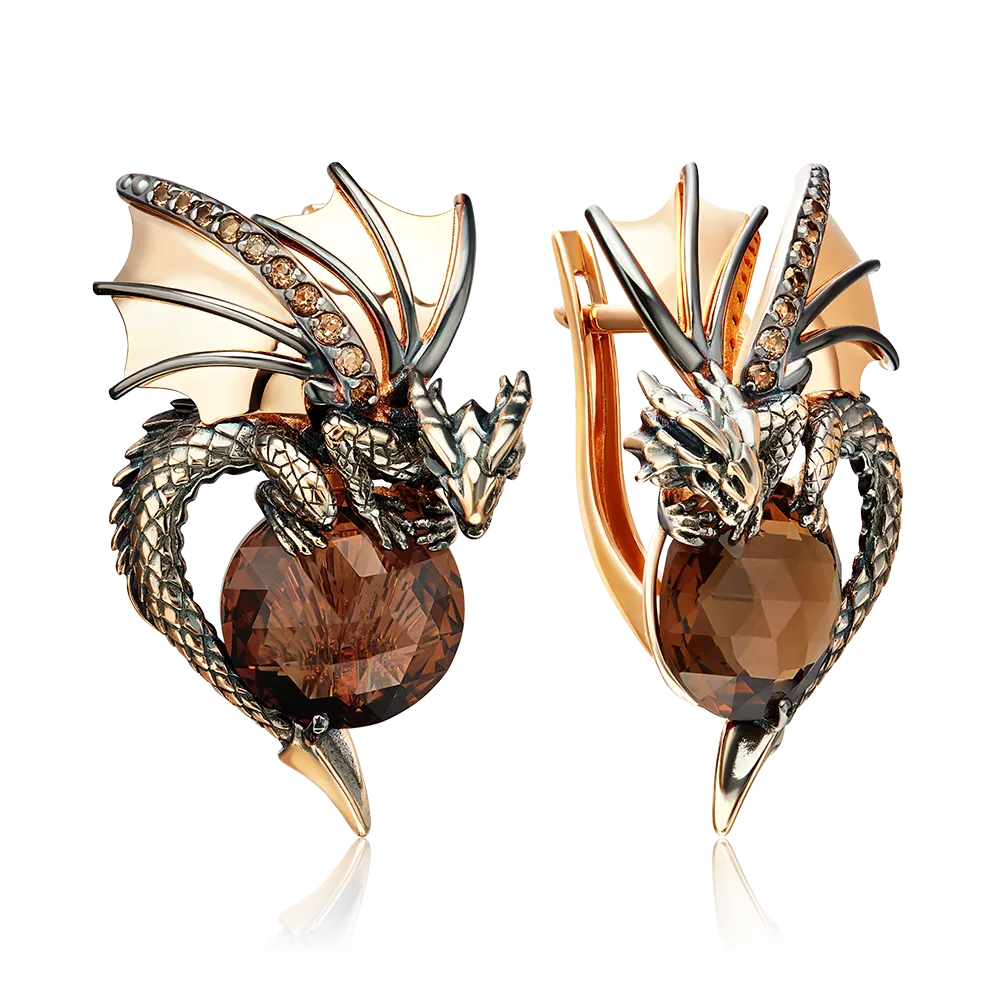 Серьги «Драконы» с английским замком из красного золота с цитрином и кварцем дымчатым 02-5284-00-226-1110