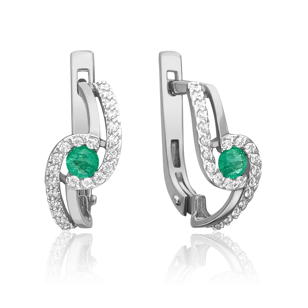 Серьги с английским замком из белого золота с изумрудом и бриллиантами 02-0884-00-106-1120-30