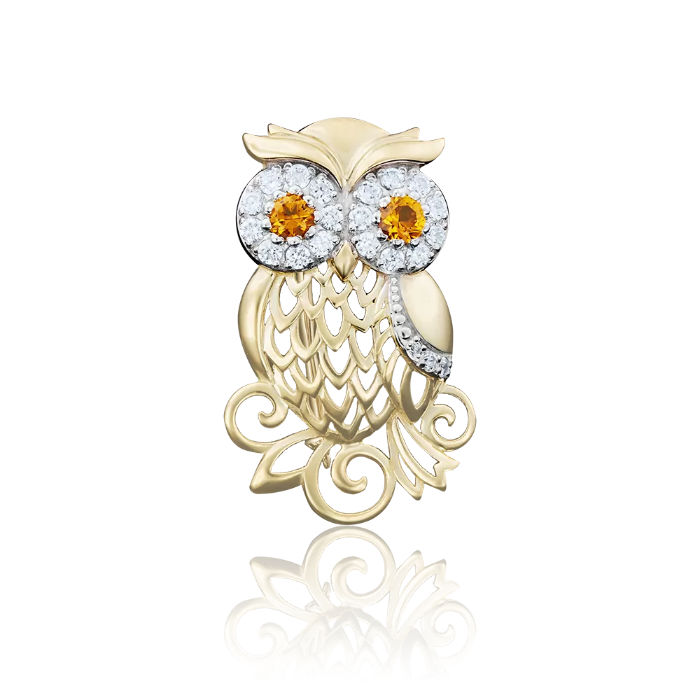 Брошь-подвеска «Сова» из лимонного золота с фианитами 04-0125-00-404-1130-23
