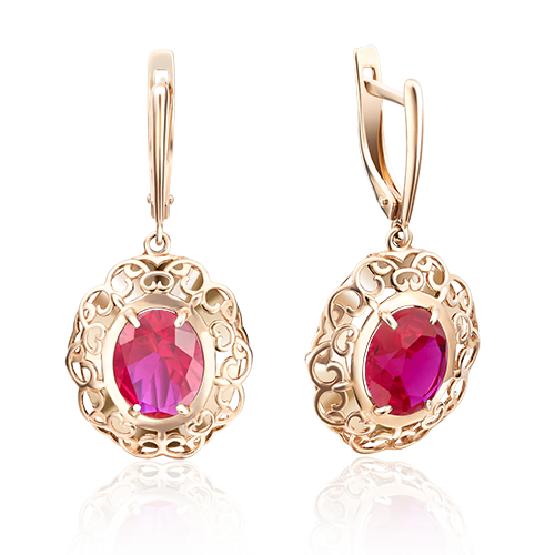 Серьги с английским замком из красного золота с корундом синт. 02-3663-00-293-1110-46