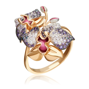 Кольцо «Орхидея» из красного золота с фианитами и эмалью 01-4807-01-404-1110-53