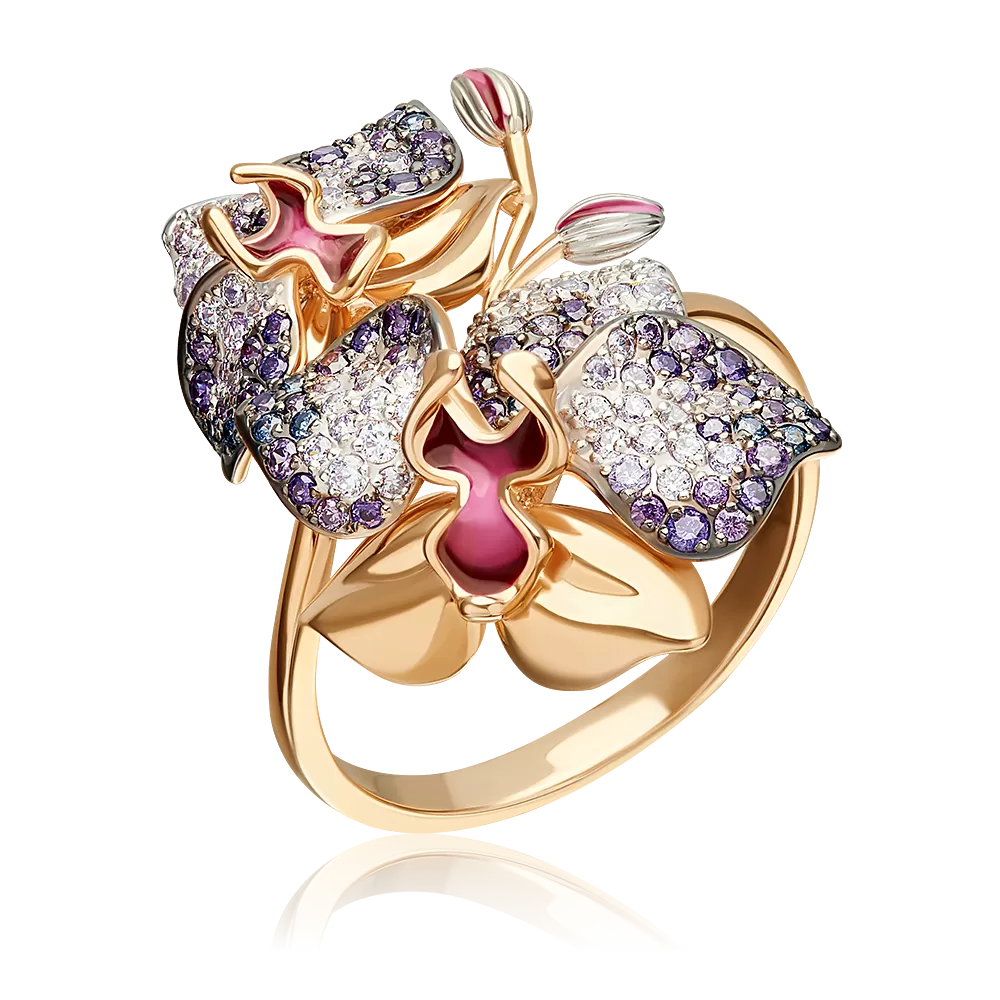 Кольцо «Орхидея» из красного золота с фианитами и эмалью 01-4807-01-404-1110-53
