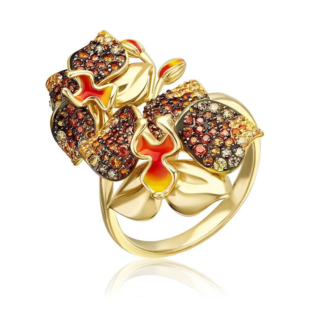 Кольцо «Орхидея» из лимонного золота с фианитами и эмалью 01-4807-00-404-1130-53