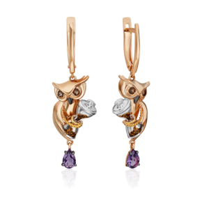 Серьги «Мудрость жизни» с английским замком из комбинированного золота с аметистом, кварцем дымчатым и эмалью 02-4875-00-716-1140