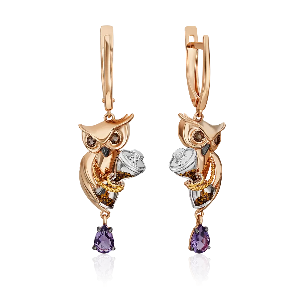 Серьги «Мудрость жизни» с английским замком из комбинированного золота с аметистом, кварцем дымчатым и эмалью 02-4875-00-716-1140