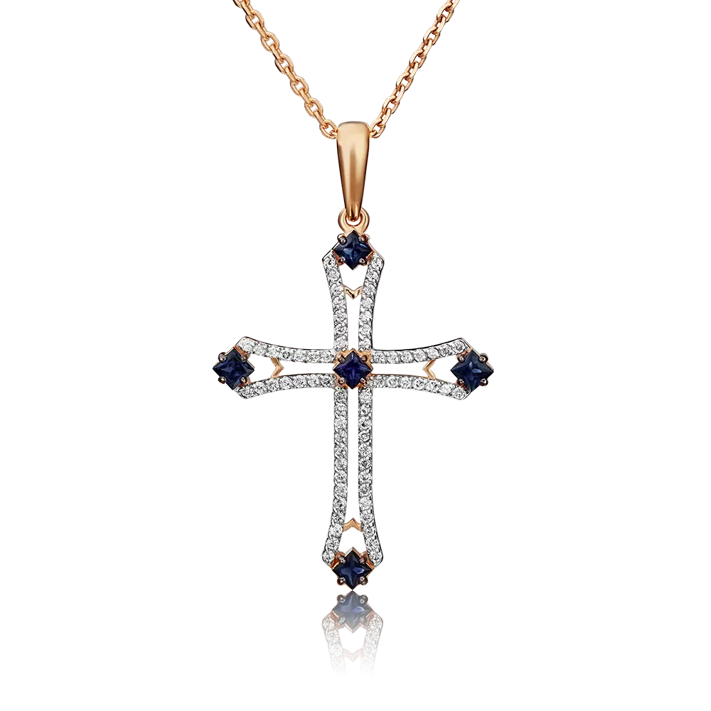 Декоративный крест из красного золота с сапфирами и бриллиантами 03-0484-00-105-1110-30