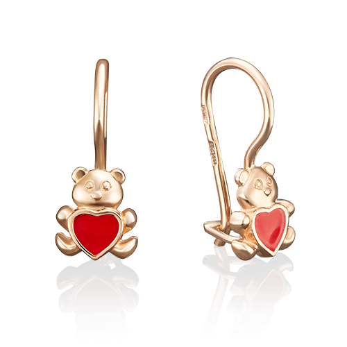 Детские серьги «Медвежата» с французским замком из красного золота с эмалью 02-3040-00-000-1110-25