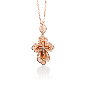 Православный крест из комбинированного золота с янтарём 03-2691-00-271-1111-46