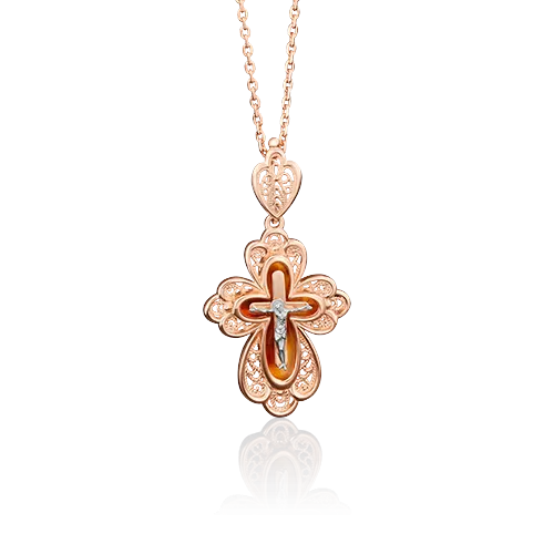 Православный крест из комбинированного золота с янтарём 03-2691-00-271-1111-46