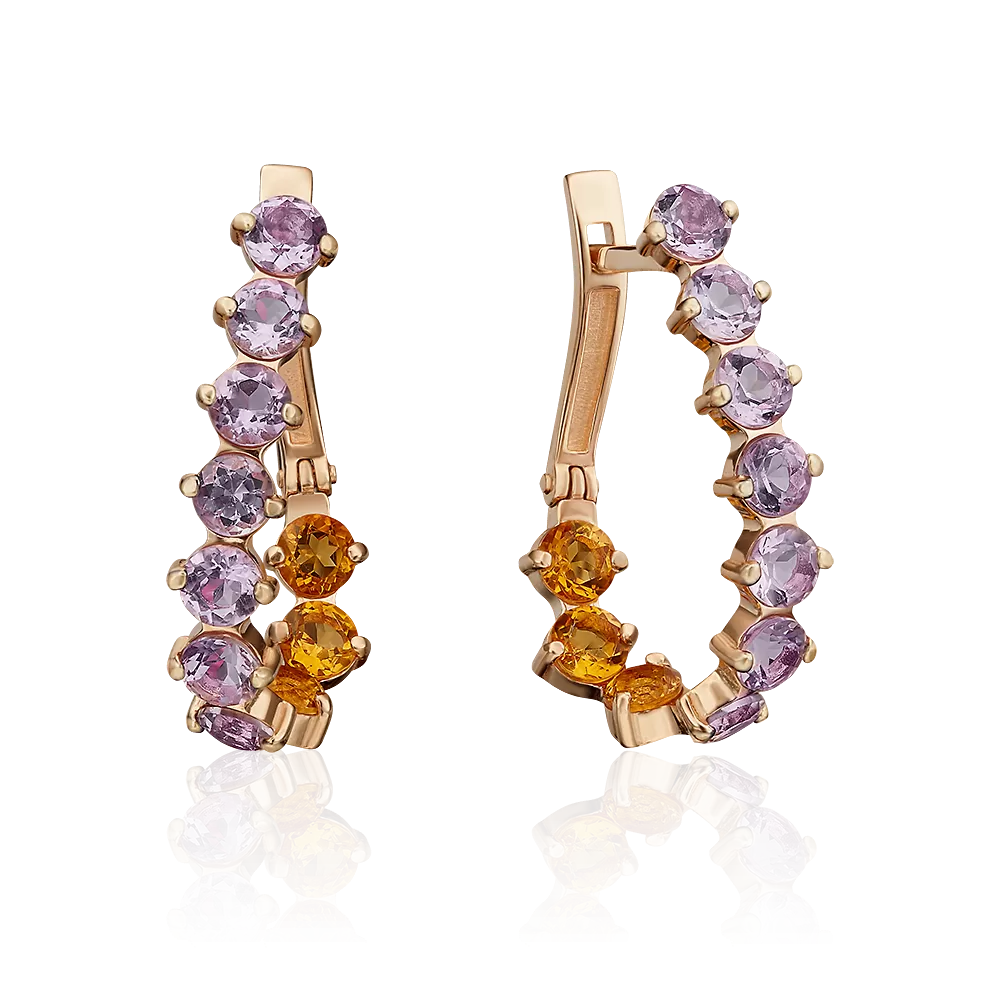 Серьги с английским замком из красного золота с цитринами и аметистами 02-4578-00-724-1110-57