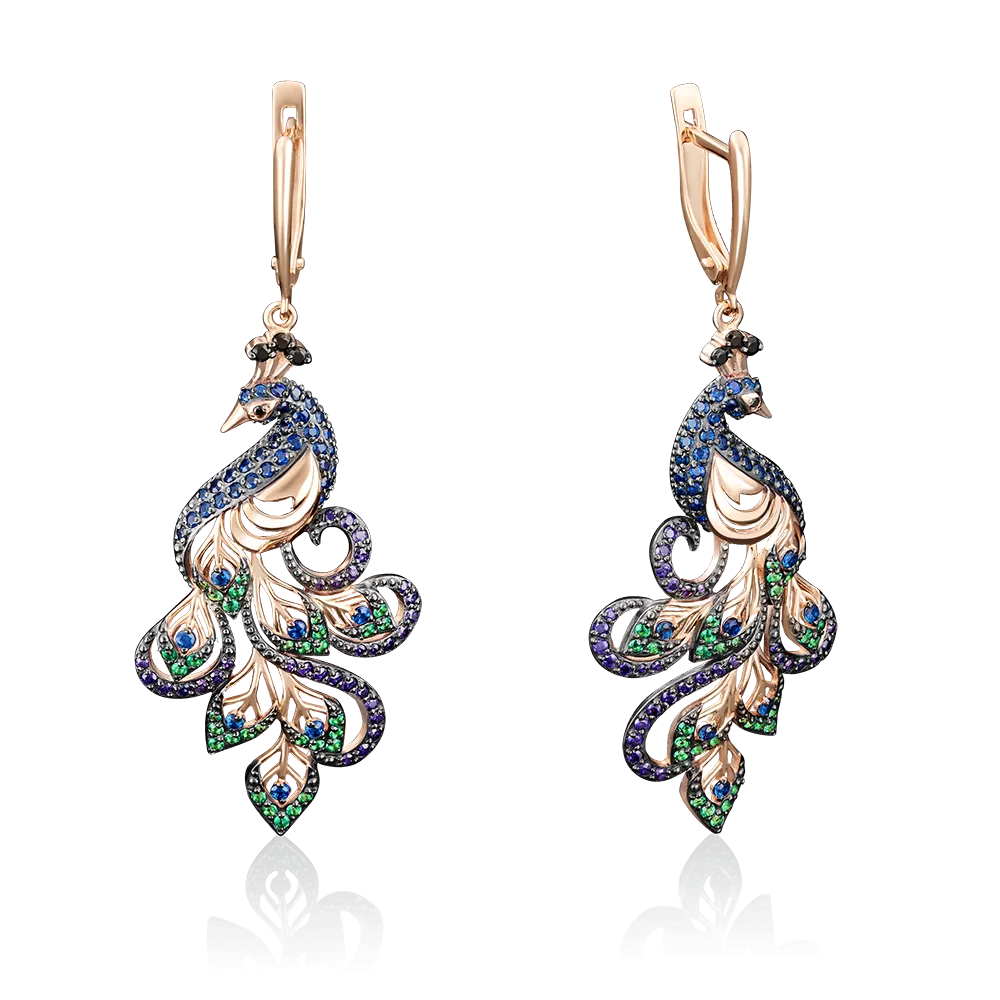 Серьги «Павлины» с английским замком из красного золота с фианитами 02-3649-01-404-1110-52