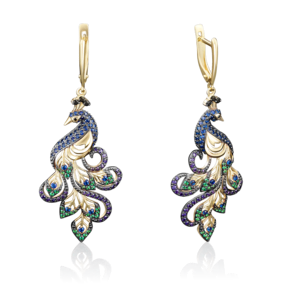 Серьги «Павлины» с английским замком из лимонного золота с фианитами 02-3649-01-404-1130-52