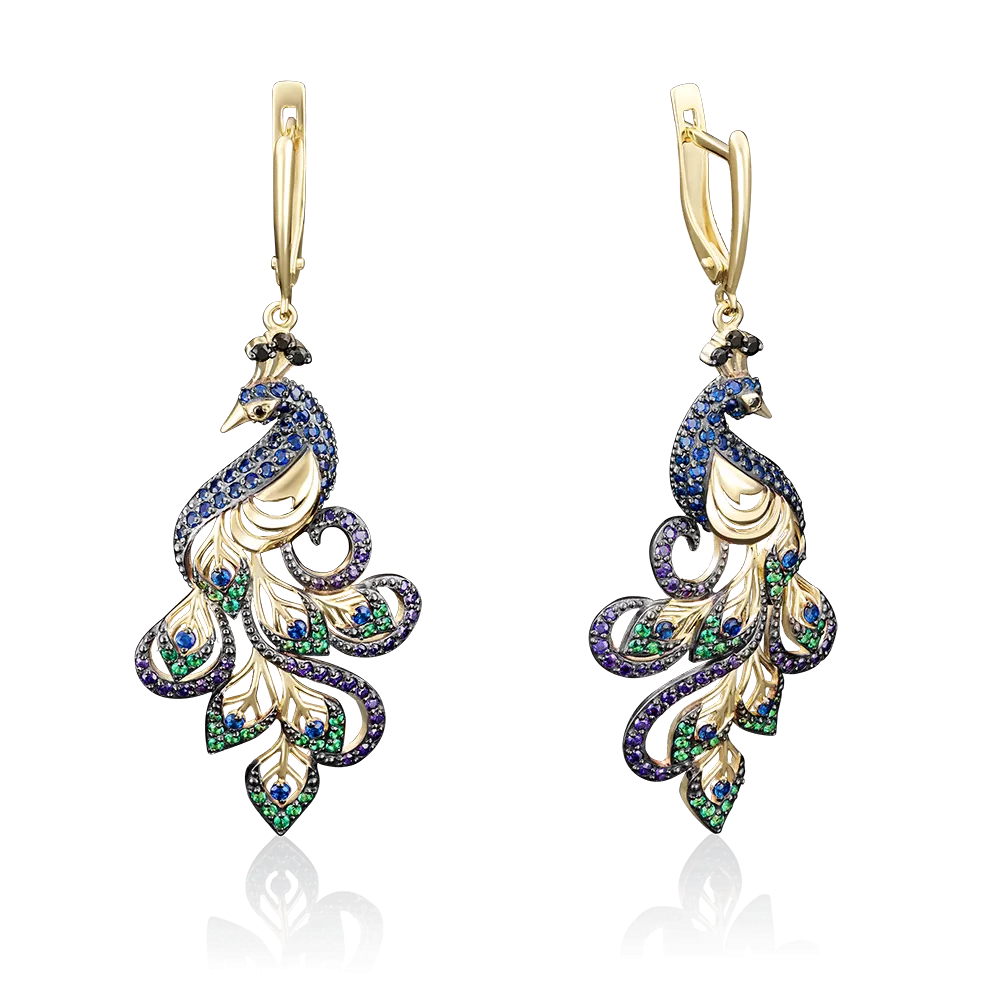 Серьги «Павлины» с английским замком из лимонного золота с фианитами 02-3649-01-404-1130-52