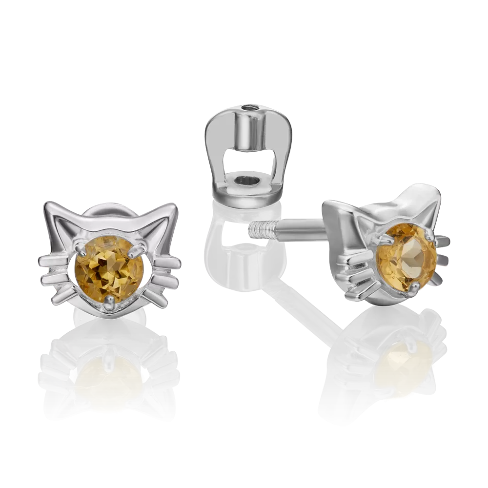Серьги-пусеты «Котята» из серебра с цитрином 02-4613-00-206-0200-68