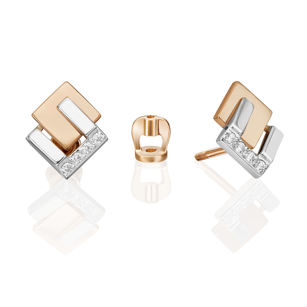 Серьги-пусеты из комбинированного золота с фианитами 02-5134-00-401-1111