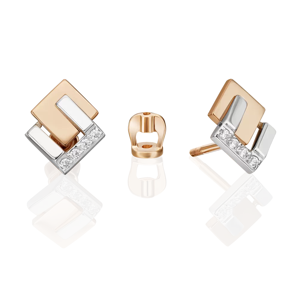 Серьги-пусеты из комбинированного золота с фианитами 02-5134-00-401-1111
