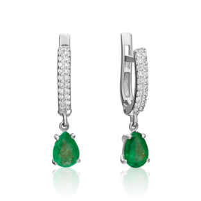 Серьги с английским замком из белого золота с изумрудом и бриллиантами