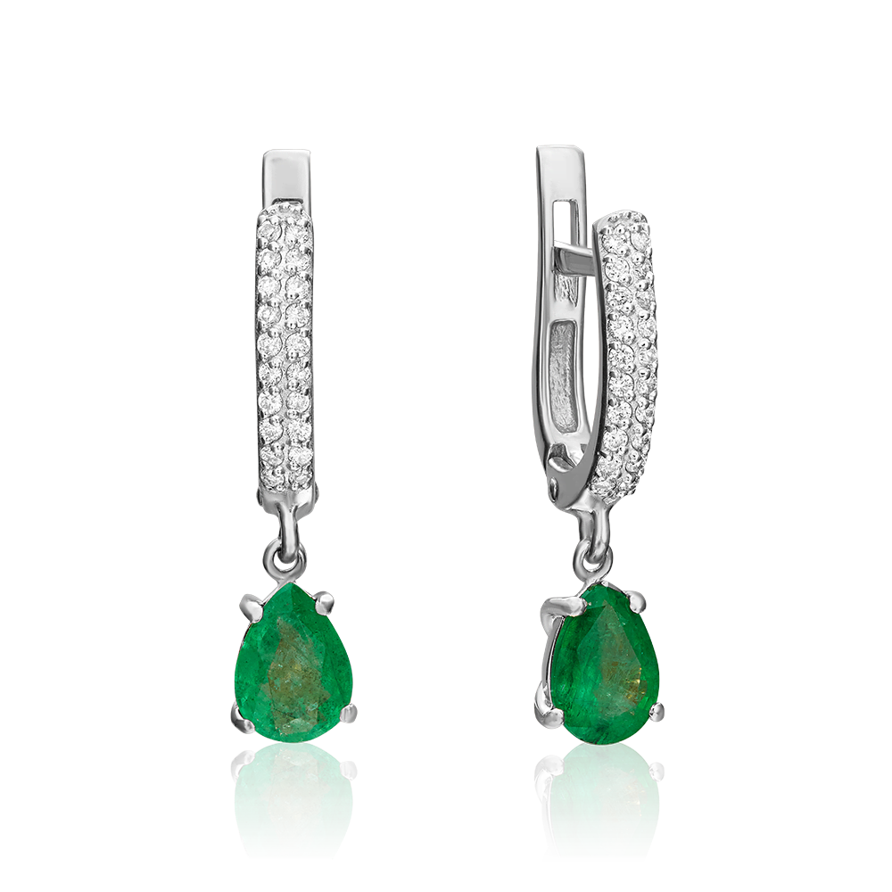 Серьги с английским замком из белого золота с изумрудом и бриллиантами 02-0214-00-106-1120-30