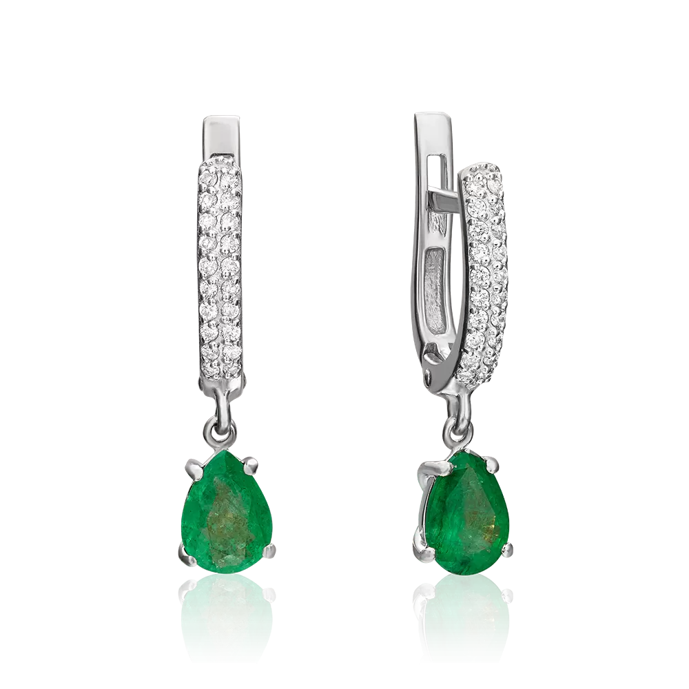 Серьги с английским замком из белого золота с изумрудом и бриллиантами 02-0214-00-106-1120-30