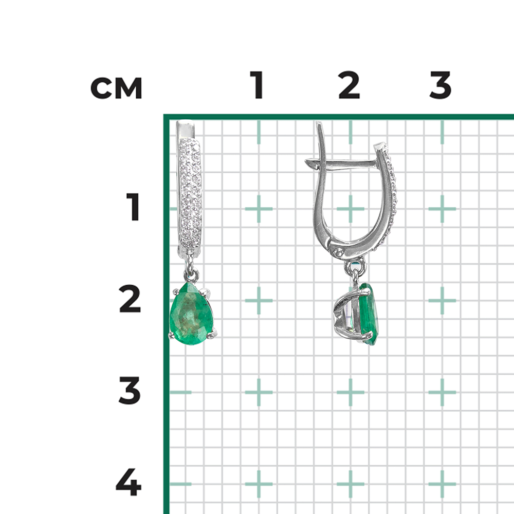 Серьги с английским замком из белого золота с изумрудом и бриллиантами 02-0214-00-106-1120-30