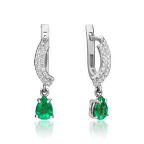 Серьги с английским замком из белого золота с изумрудом и бриллиантами 02-0234-00-106-1120-30
