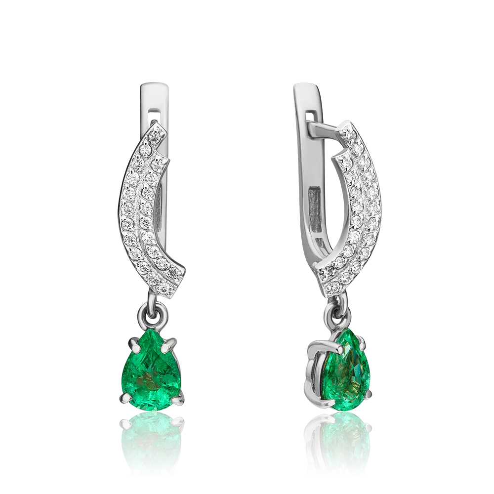 Серьги с английским замком из белого золота с изумрудом и бриллиантами 02-0234-00-106-1120-30