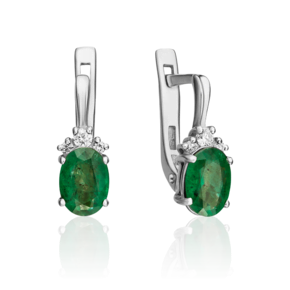 Серьги с английским замком из белого золота с изумрудом и бриллиантами