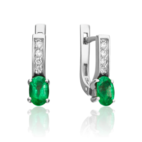 Серьги с английским замком из белого золота с изумрудом и бриллиантами