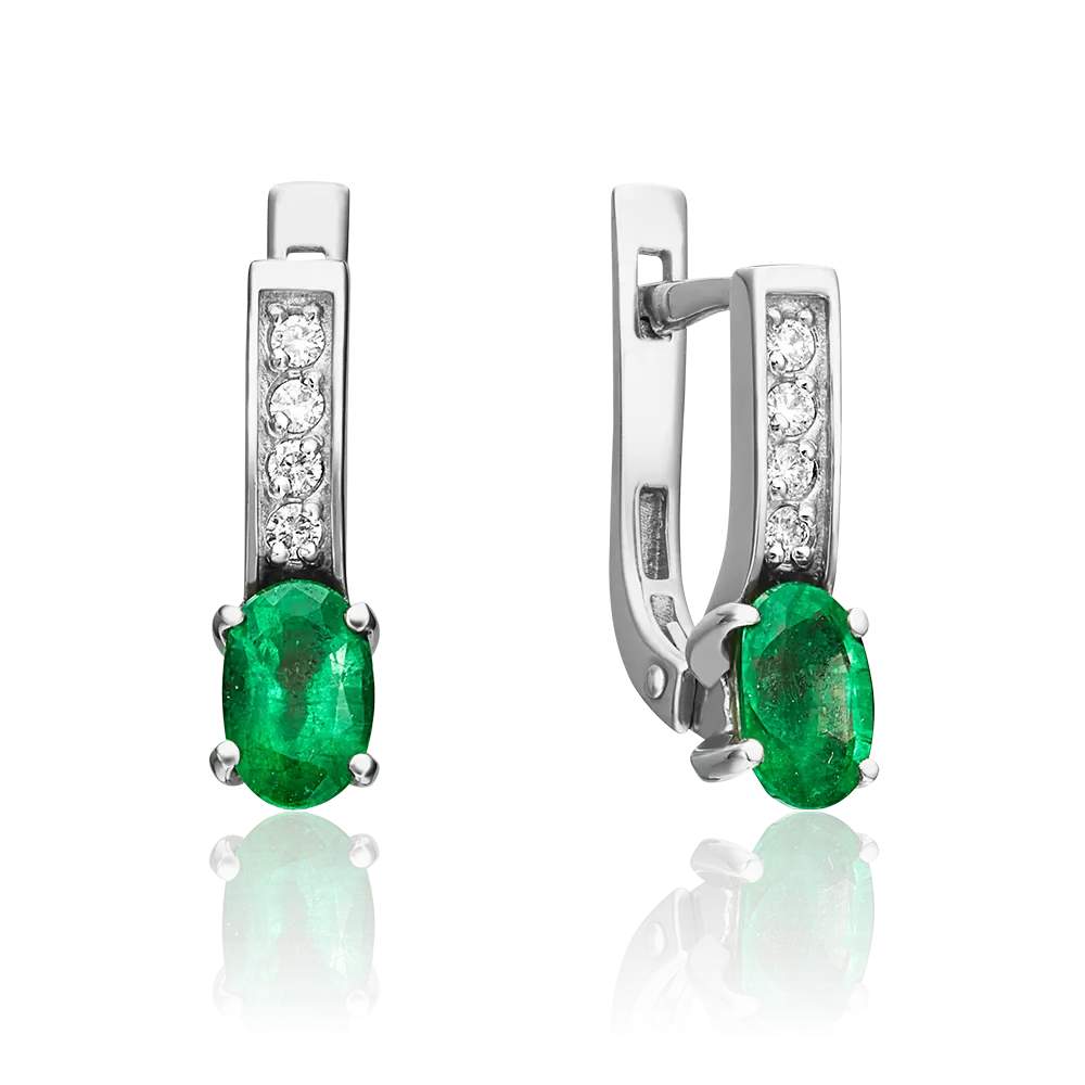 Серьги с английским замком из белого золота с изумрудом и бриллиантами 02-0304-00-106-1120-30