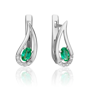 Серьги с английским замком из белого золота с изумрудом и бриллиантами