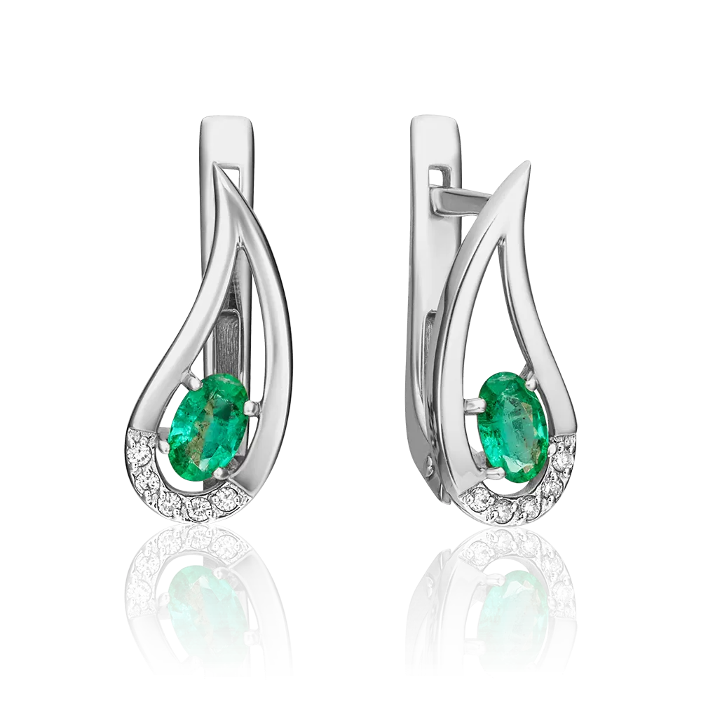 Серьги с английским замком из белого золота с изумрудом и бриллиантами 02-0380-00-106-1120-30