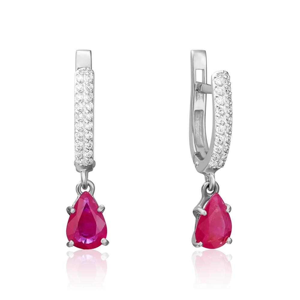 Серьги с английским замком из белого золота с рубином и бриллиантами 02-0214-00-107-1120-30