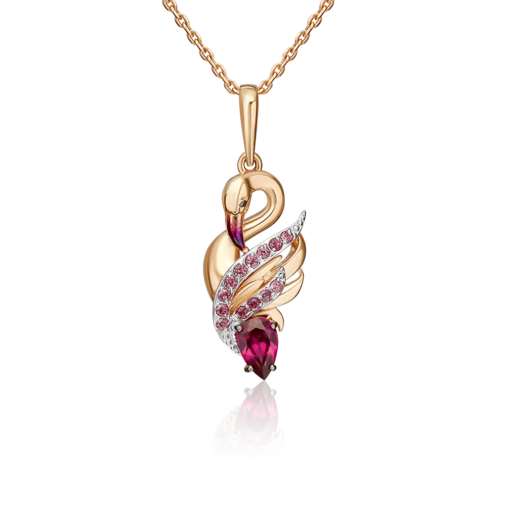 Подвеска «Розовый фламинго» из красного золота с гранатами и эмалью 03-3625-00-204-1110