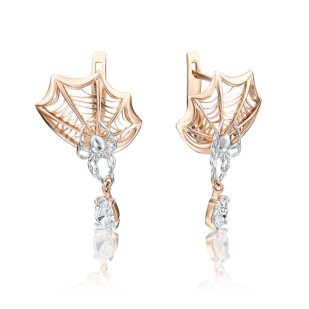 Серьги «Паутинки» с английским замком из красного золота с фианитом 02-3765-00-501-1110-38