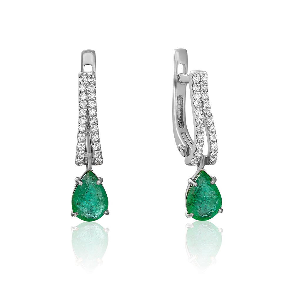 Серьги с английским замком из белого золота с изумрудом и бриллиантами 02-0892-00-106-1120-30