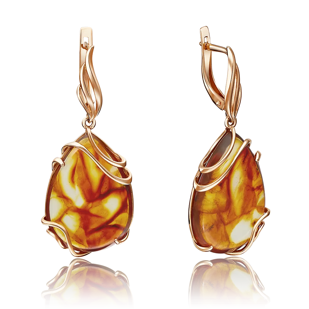 Серьги с английским замком из красного золота с янтарём 02-3658-00-271-1110-46