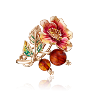 Брошь «Шиповник» из красного золота с янтарём и эмалью 04-0185-00-271-1110-46
