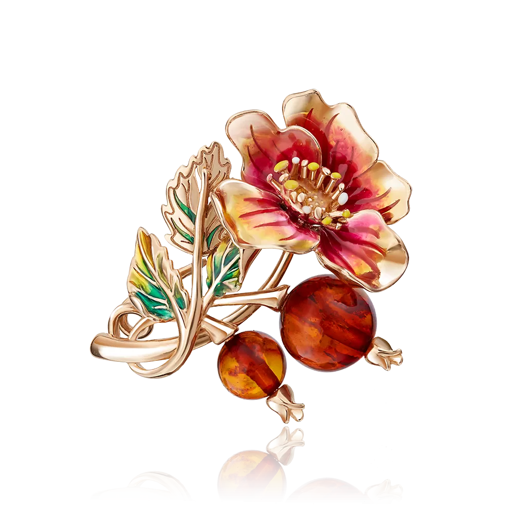 Брошь «Шиповник» из красного золота с янтарём и эмалью 04-0185-00-271-1110-46