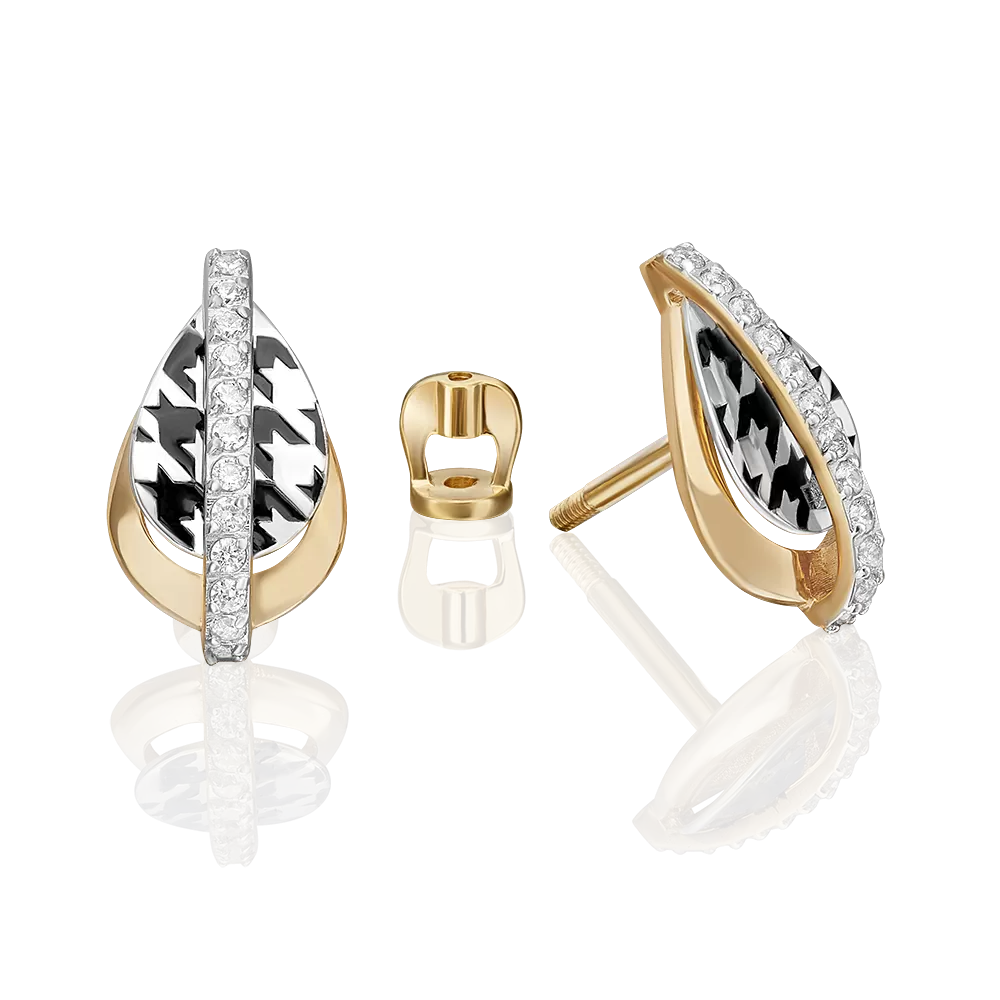 Серьги с принтом «Гусиная лапка» из комбинированного золота с фианитами и эмалью 02-5202-00-401-1121