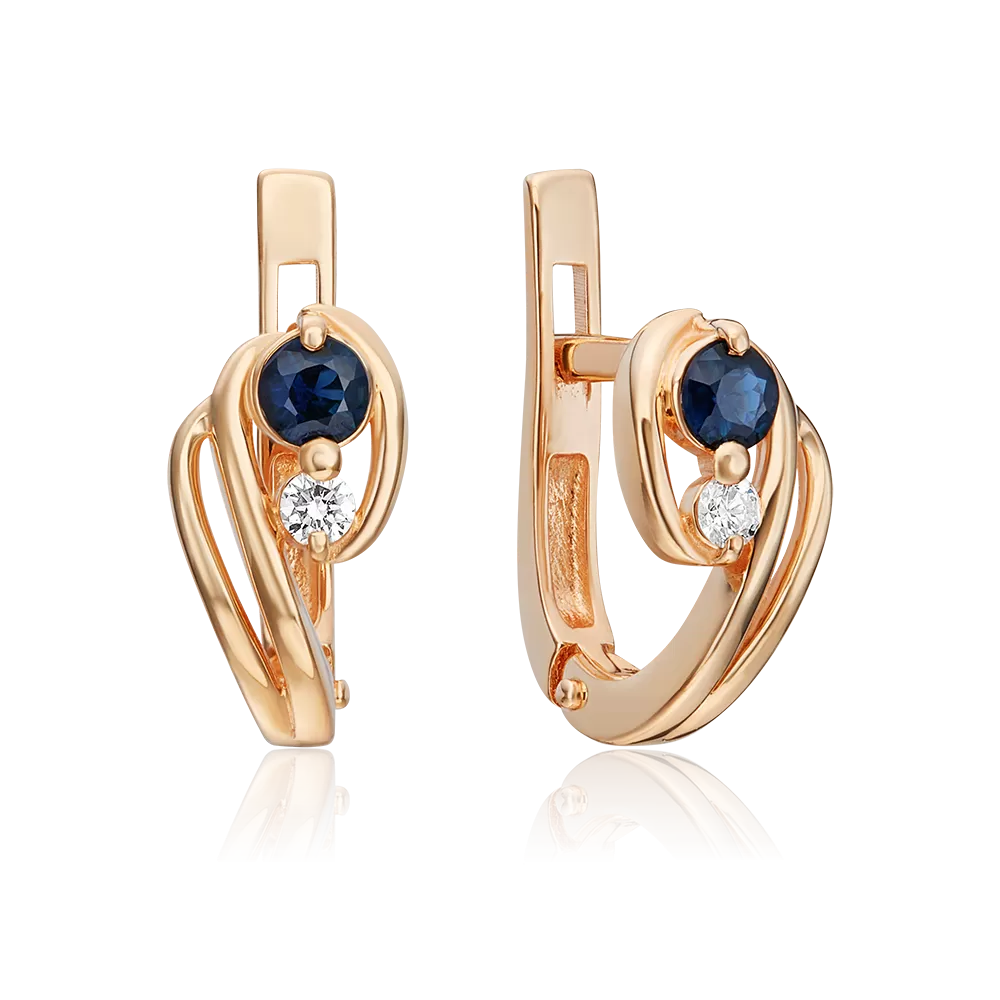 Серьги с английским замком из красного золота с сапфиром и бриллиантом 02-0447-00-105-1110-30