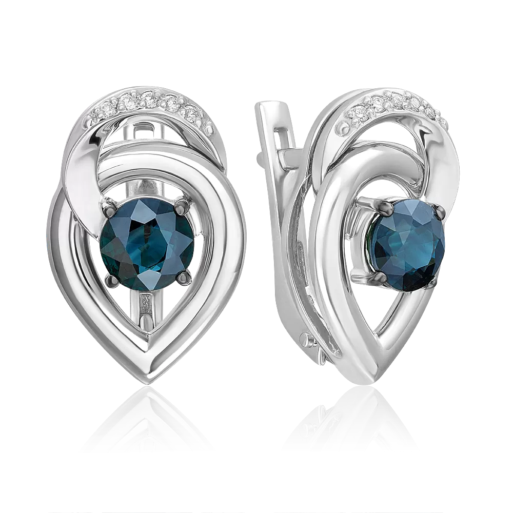 Серьги с английским замком из белого золота с сапфиром и бриллиантами 02-5209-00-105-1120