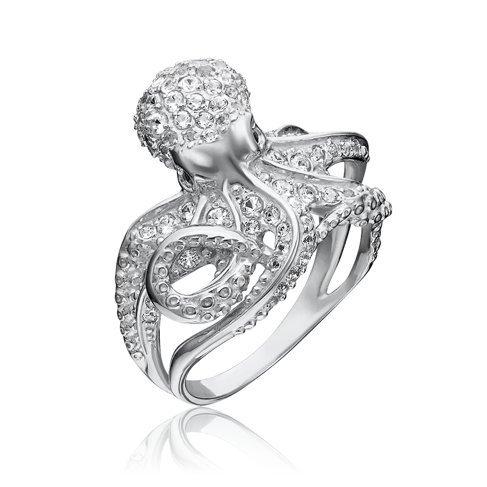 Кольцо «Осьминог» из белого золота с натуральными топазами white и кварцем дымчатым 01-5396-00-715-1120-57