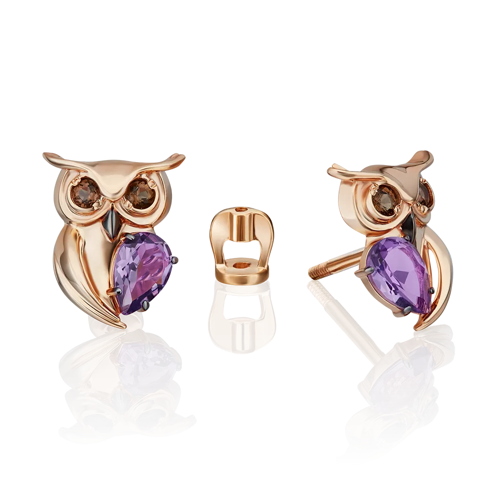 Серьги-пусеты «Мудрость жизни» из красного золота с аметистом и кварцем дымчатым 02-4877-00-716-1110