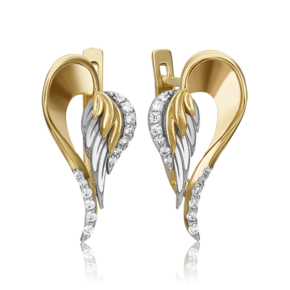 Серьги «Перья» с английским замком из комбинированного золота с фианитами 02-4358-00-401-1121-48