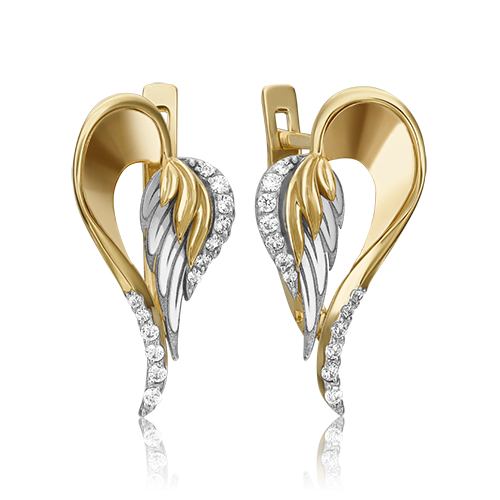 Серьги «Перья» с английским замком из комбинированного золота с фианитами 02-4358-00-401-1121-48