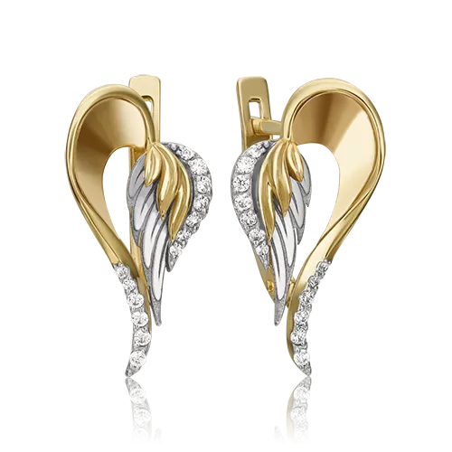 Серьги «Перья» с английским замком из комбинированного золота с фианитами 02-4358-00-401-1121-48
