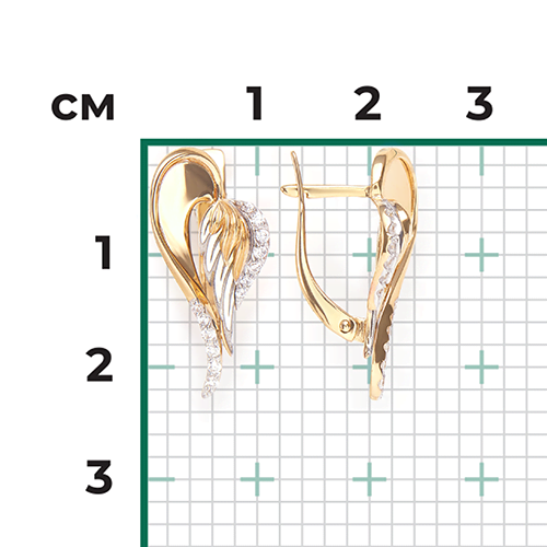 Серьги «Перья» с английским замком из комбинированного золота с фианитами 02-4358-00-401-1121-48