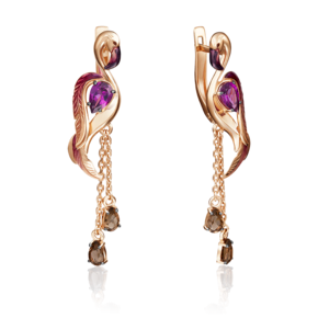 Серьги «Фламинго» с английским замком из красного золота с гранатом, кварцем дымчатым и эмалью 02-4166-00-705-1110-57