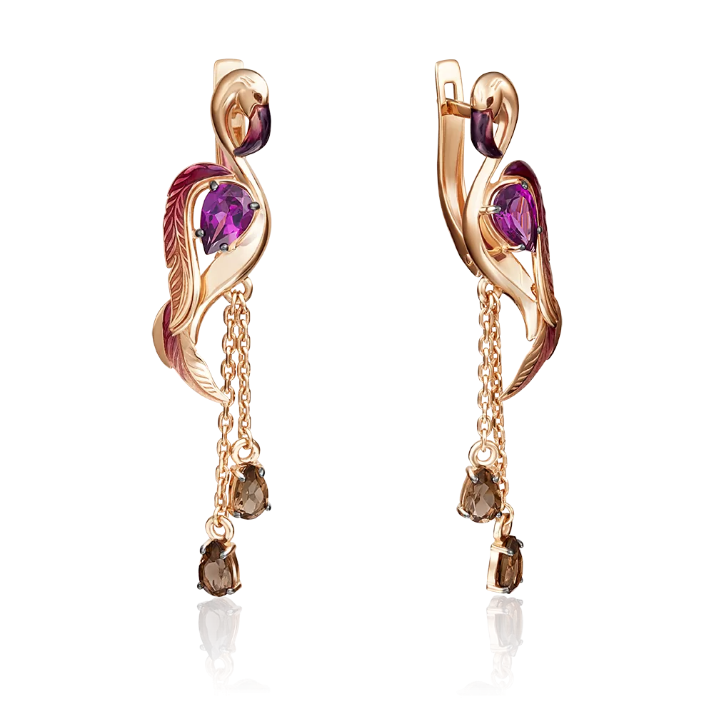 Серьги «Фламинго» с английским замком из красного золота с гранатом, кварцем дымчатым и эмалью 02-4166-00-705-1110-57